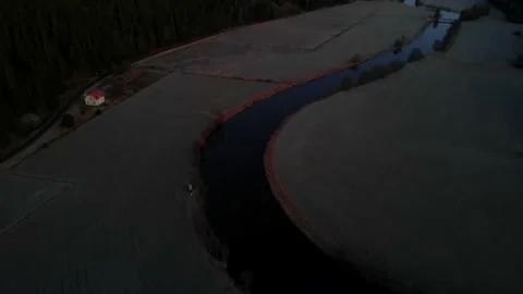 Aerial View Single Cottage Red Roof by Curved River Stream, Before Dawn, Stock Footage 150565286