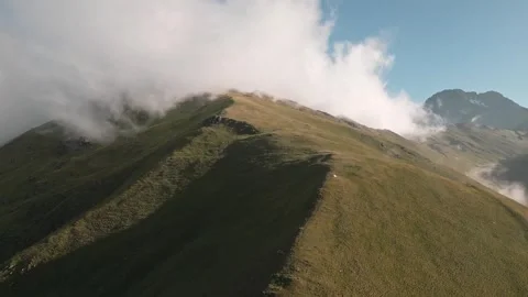 Aerial view single one tent on hilltop with green caucasus mountains panora.. Stock Footage 279651705