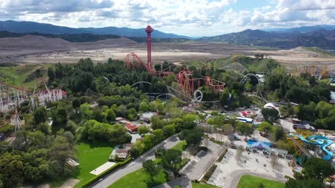 Aerial View of Six Flags Magic Mountain Theme Park, Valencia, California, USA Stock Footage