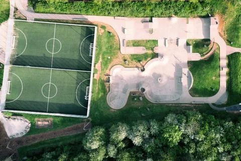 Aerial view of skate park and football field Stock Photos