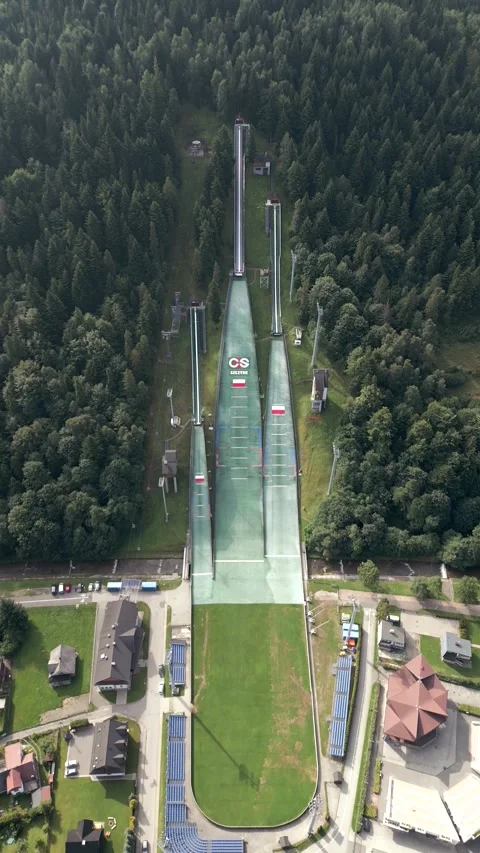 Aerial view of ski jump in the Polish mountains in summer Stock Footage 273200853