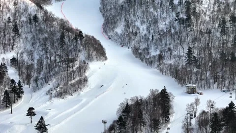 Aerial view of a ski slope Видео 331439463