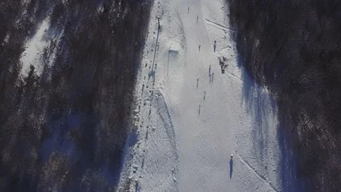 Aerial view: The ski slope is full of skiers. Winter sports. Skis 스톡 동영상 166387809