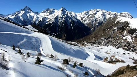 Aerial view of ski slopes in Les Deux Alpes, French Alps Stock Footage 105444467