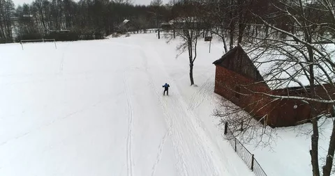 Aerial View. Skiing in winter Stock Footage 88048055