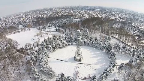 Aerial view of skydiving tower in winter Stock-Footage 72728772