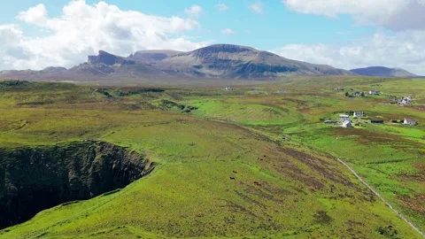Aerial View of a Skye Village Beneath Trotternish Peaks Stock-Footage 338320171