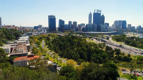 Aerial view of Skyline of downtown Perth from King's Park location, Australia Stock Footage 86328620