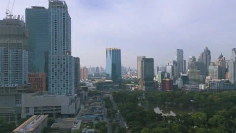 Aerial view of skyscraper buildings with green trees in Lumpini Park Stock Footage 256161853