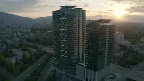 Aerial view skyscraper in Sofia City sunset Vidéo 129390372