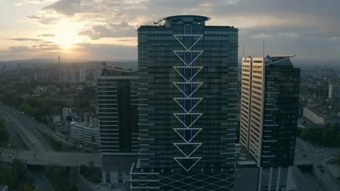Aerial view of a skyscraper in Sofia at sunset Vidéo 129389530