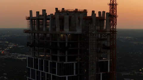 Aerial View of a Skyscraper Under Construction at Dusk in Austin Texas Stock Footage 336794169