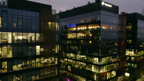 Aerial view of skyscraper windows at night. Stock Footage 229061536