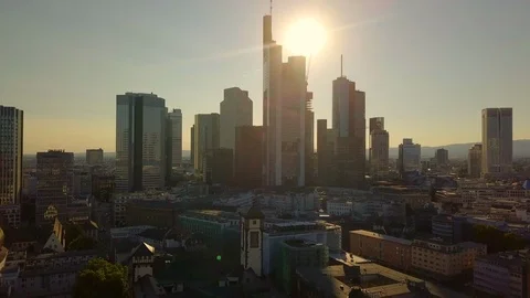 Aerial view of skyscrapers in downtown of Frankfurt upon Main, Germany Stock Footage