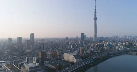 Aerial view of Skytree and Tokyo cityscape in the morning, Tokyo, Japan Stock Footage 91412039