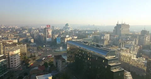 Aerial view of Slavija square and Serbian national bank in Belgrade Stock Footage 166317076