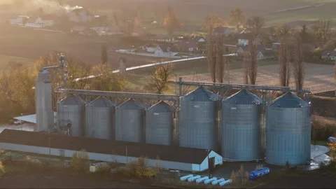 Aerial view of sleek grain storage silos in a rural setting, gleaming in th.. Stock Footage 258445067