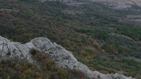 Aerial view of the slopes of an ancient extinct volcano overgrown with forest. A Stock-Footage 150594067