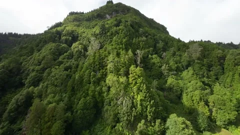 Aerial View Slow Flight Towards Green Mountain Top. Azores Stock Footage 221836741