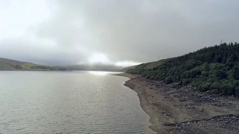 Aerial view, slow move. Drone panorama of Llyn Celyn water reservoir in Wales Stock Footage 94226964