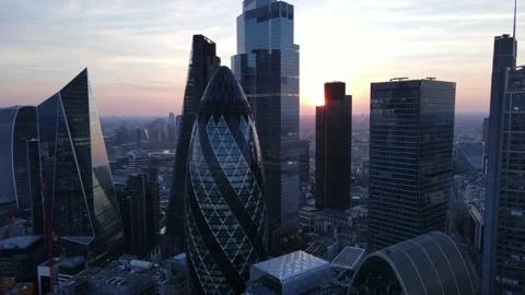 Aerial view slow pan of Central London, Gherkin, Heron Tower Stock Footage 234403704