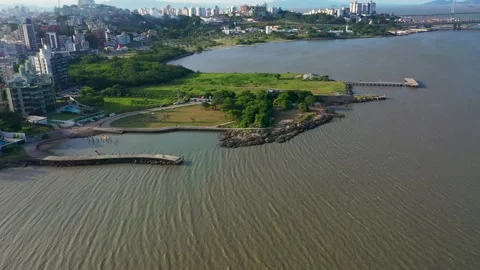 Aerial view of small beach and dog park, Florianópolis, Brazil. Video stock 193597887