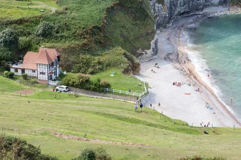 Aerial view small beach between cliffs at Normandy coast, France Stock Photos