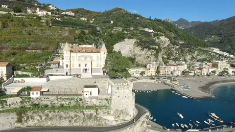 Aerial view of small castle on the coast of Amalfi Stock Footage 72108528