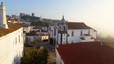 Aerial view small chapel in typical portuguese town Stock Footage 108132030
