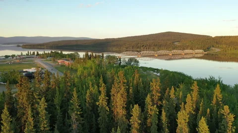 Aerial view of small community Teslin, Yukon Territory Canada on Alaska Highway. Stock Footage 204113053