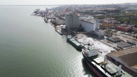 Aerial view of a small harbour along the Tagus River, Lisbon, Portugal. Stock Footage 152745483