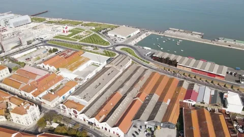 Aerial view of a small harbour along the Tagus River, Lisbon, Portugal. Stock Footage 152745559