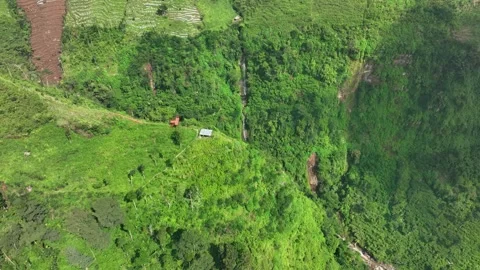 Aerial View of a Small Hidden Waterfall in the Mountains of Java, Indonesia Видео 265005464