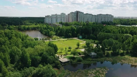 Aerial view of a small lake forest and houses nearby Stock Footage 202223340