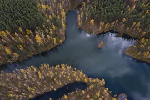 Aerial view of small lakes surrounded by autumn forest. Stock Photos