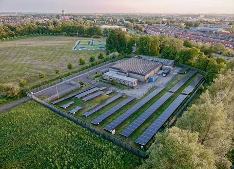 Aerial view of small local data center in the Netherlands with solar panels Foto stock