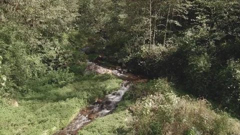 Aerial. View of a small mountain stream flowing down from the mountain. HD Video stock 139108945