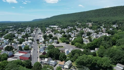 Aerial view of small mountain town Stock Footage 200792986