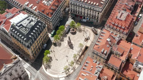 Aerial view of small oval square with ornamental pattern on tiled pavement and Stock Footage 155414267