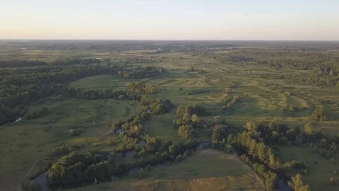Aerial view on a small plane river in the middle Russia Stock Footage