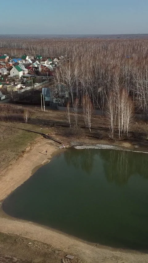 Aerial view of a small pond surrounded by trees 動画素材 347499137