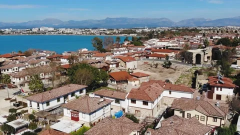 Aerial View Of A Small Resort Town By The Sea On A Sunny Day (Side, Turkey) Stock Footage 195098745