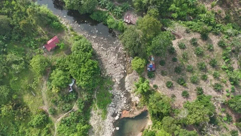 Aerial view of a small river flowing through a lush green tropical landscape Stock Footage 340594563