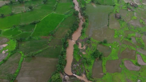 Aerial View of a Small River Flowing Through Lush Green Grassland Видео 342701465
