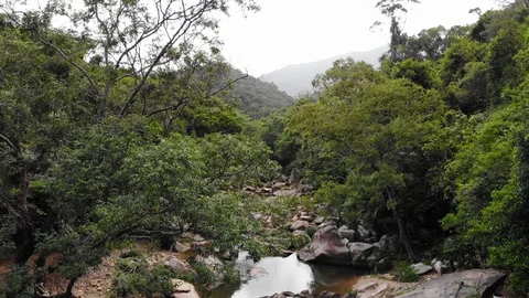 Aerial view of the small river with large stones surrounded in the forest nea Stock Footage 127964850