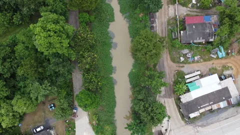 Aerial view of a small rural river canal surrounded by green trees and foliage. Stock Footage 342952344