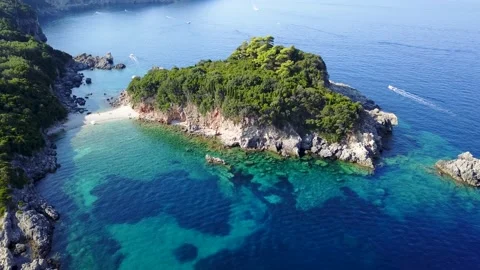 Aerial view of small secluded beach with turquoise water, Corfu Greece 動画素材 134349211