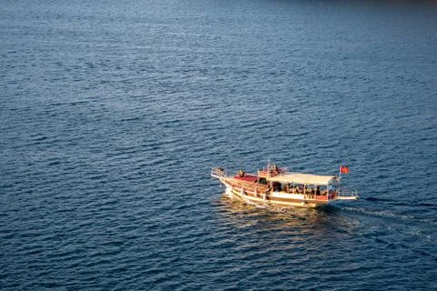 Aerial view small ship on the background of the sea Stock Photos