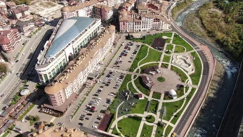 Aerial view of small ski resort town Estosadok. Krasnaya Polyana. Stock Footage 315201161