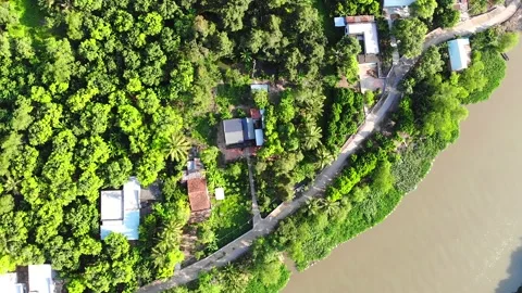 Aerial view of the small town and the river in the village of Vietnam	 Stock Footage 144181923